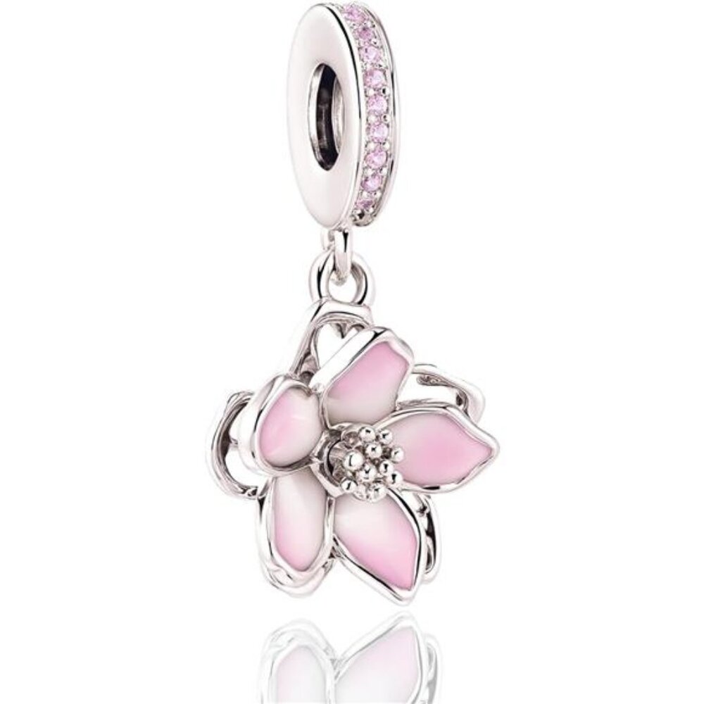 Charms for Pandora Bracelets 925 Sterling Silver Pink Flower - Picture 1 of 4